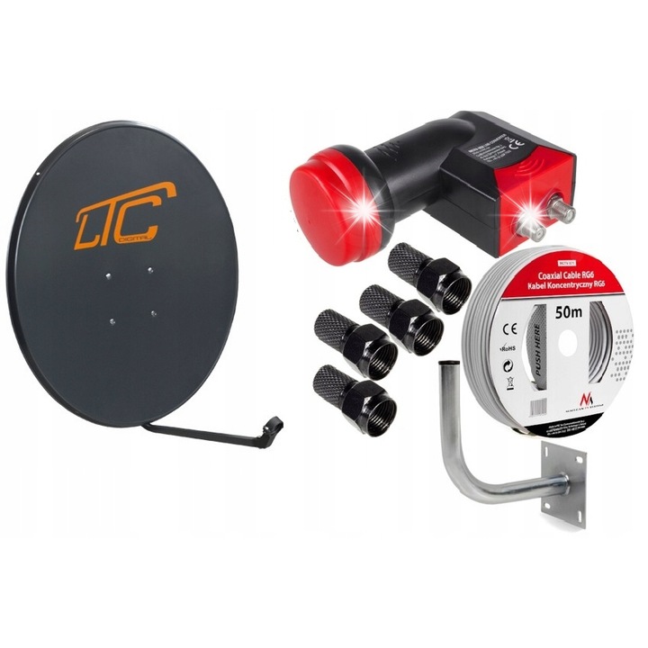 Сателитна антена Maclean 90см, пълен комплект, графит, 4K, стойка 38см, кабел 50м, F конектори