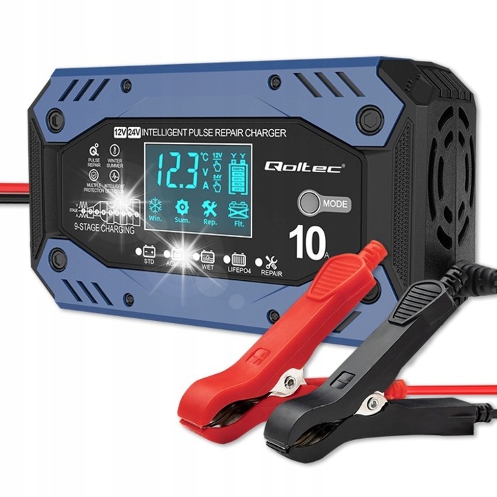 Incarcator inteligent Qoltec 12-24V 10A cu functie de reparare, LCD, 9 trepte de incarcare, 92x155x60mm