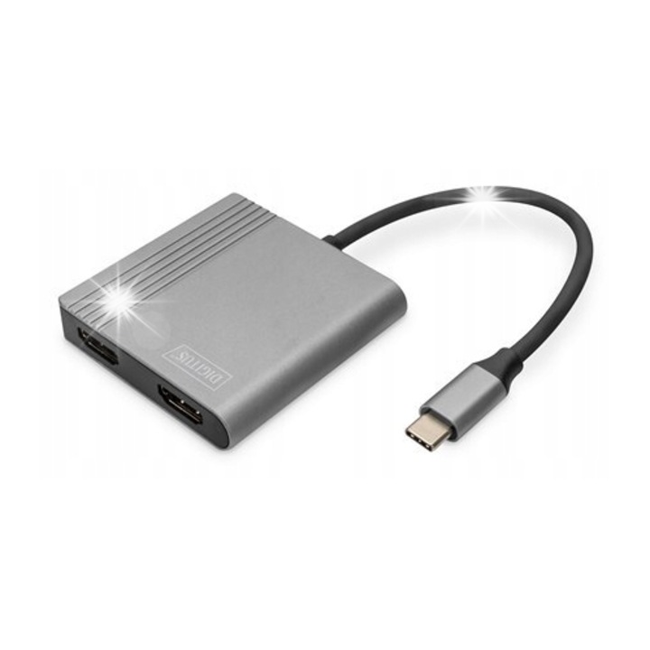 USB Type-C videó adapter 2x HDMI Digitus 4K 60Hz, 0,18m, szürke