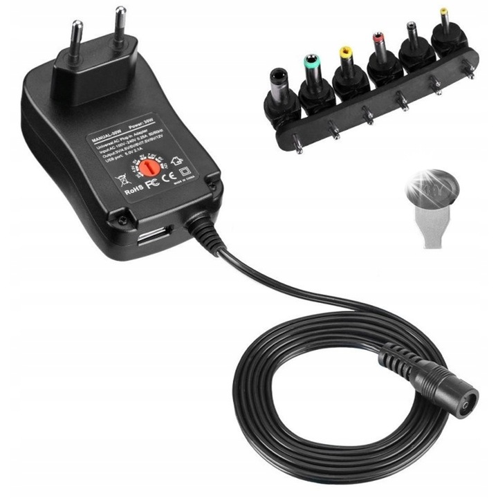 Sursa de alimentare, universal 3-12V 1A 12W cu USB 5V, 6 mufe DC, Techly