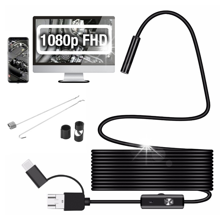 USB OTG ендоскопска камера 5м, FHD 1080p, 8 LED-а, водоустойчива, комплект с аксесоари