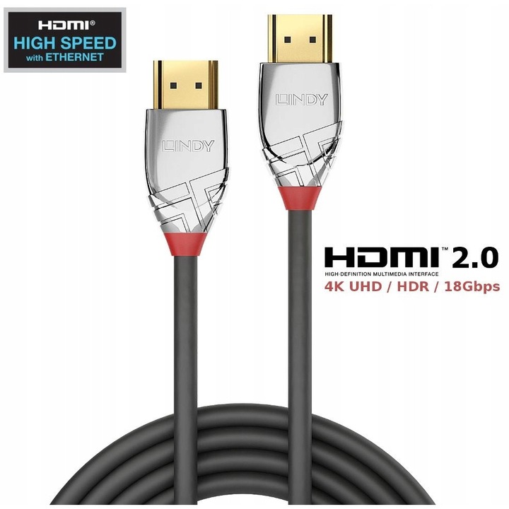 Cablu HDMI 2.0 Lindy 37873 3m, 18Gbps, suport 4K UltraHD, culoare gri