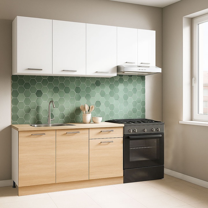 Set mobilier bucatarie cu soft-close, BadenMob Germania, 180cm, corpuri inalte, blat gros, Sonoma/Alb