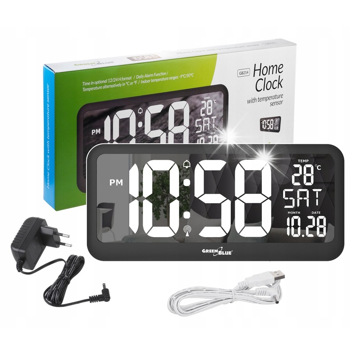 Ceas decorativ GreenBlue GB214, LCD foarte mare, temperatura, data, 37x17cm