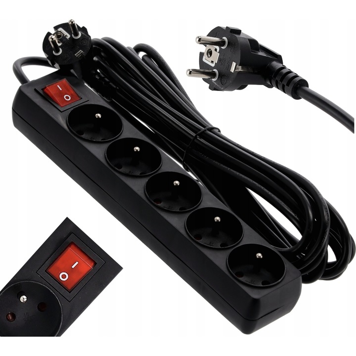 Разклонител с 5 контакта с превключвател, дължина 3 м, черен, 250V, 16A, 2300W