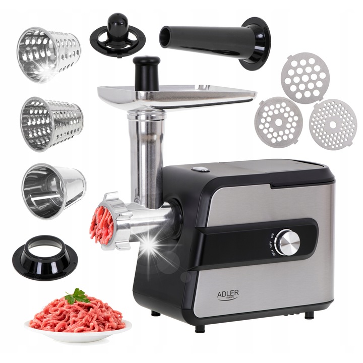 Masa de tocat cu satca Adler AD 4813, 3 sita din otel inoxidabil, 2000W, argintie/neagra, 28x19,5x16,5cm