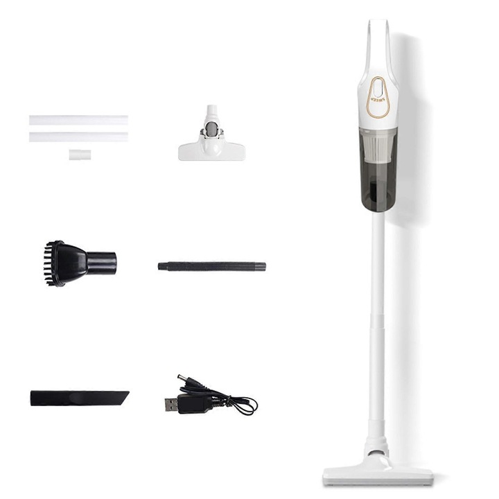 Aspirator fara fir, putere de aspiratie 120W, design usor, alb, set complet