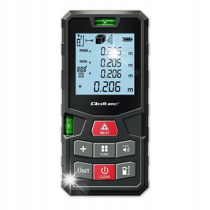 Dalmierz laser Qoltec cu nivela, LCD iluminat, 120m, 0.05m-120m, negru