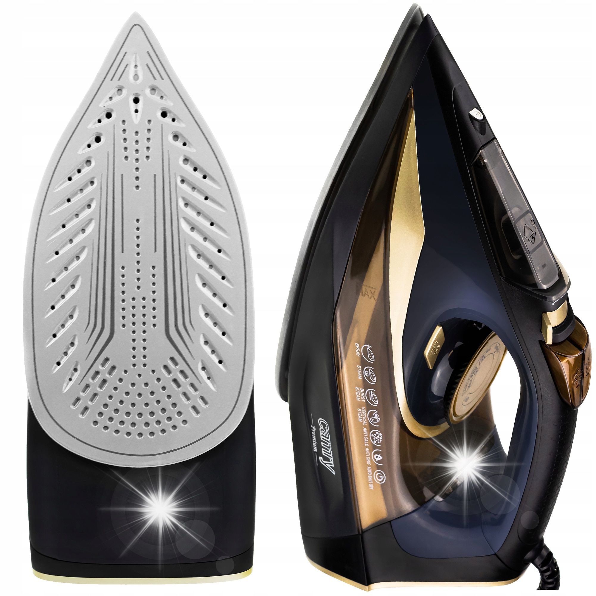 Fier de calcat Camry CR5036, 3400W, sistem anti-calcar, capacitate rezervor 0,36l, negru-maro, 1,5m