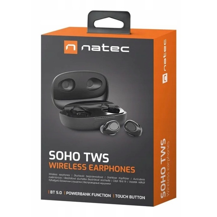 Vezeték nélküli fülhallgató, Natec Soho TWS, fekete, 4 óra üzemidő, teljes készlet tokkal és microUSB kábellel