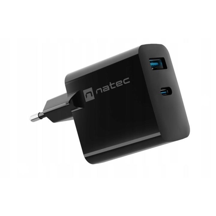 Natec Ribera GaN laptop töltő, 1x USB-A, 1x USB-C, 45W, fekete, méretek 90x51x29mm