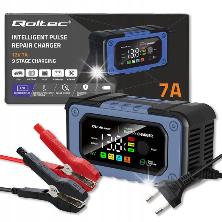 Redresor auto 12V 7A cu 4 moduri de lucru, Qoltec, functie de reparare, LED, 82x150x58mm