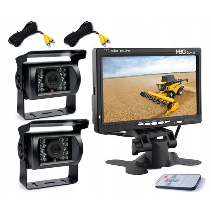 Комплект 2 x камера за заден ход с 7" монитор, MBG Line, IR, 12/24 V, водоустойчива, 10 м кабел