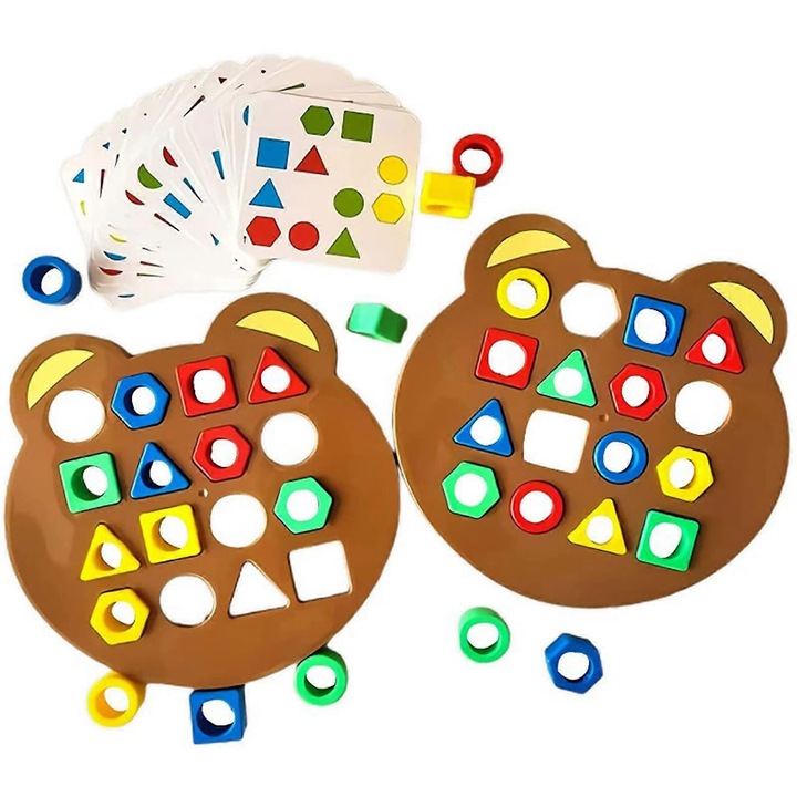 Joc educativ de potrivire a formelor, set 2 tablouri de potrivire, 32 blocuri geometrice, 30 carti, maro, 19x17.5x5.5cm