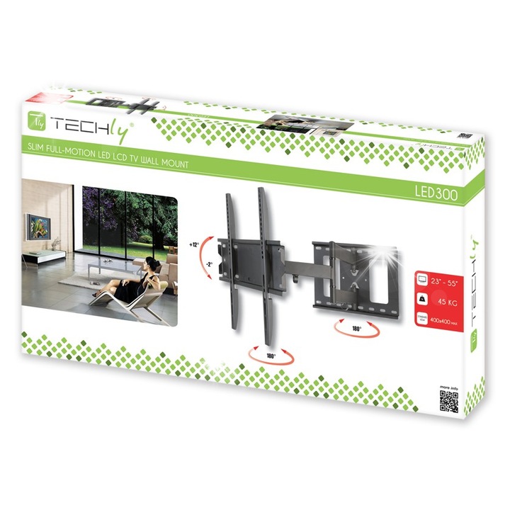 Стойка за телевизор за стена Techly, 23"-55", 45кг, черна, пълен комплект