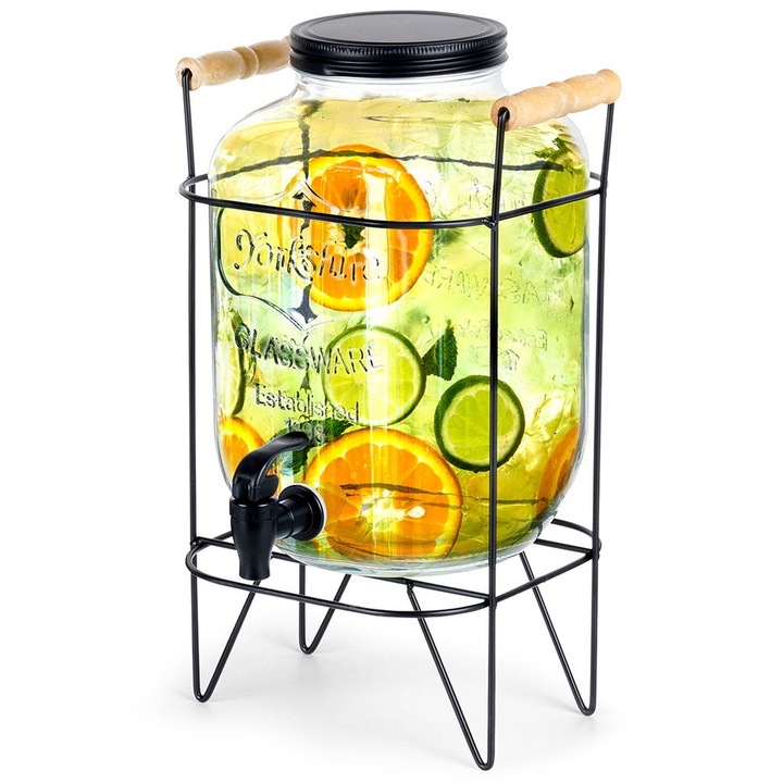 Dispenser bauturi cu suport, 5,5L, sticla transparenta, 22,5x21,5x36cm