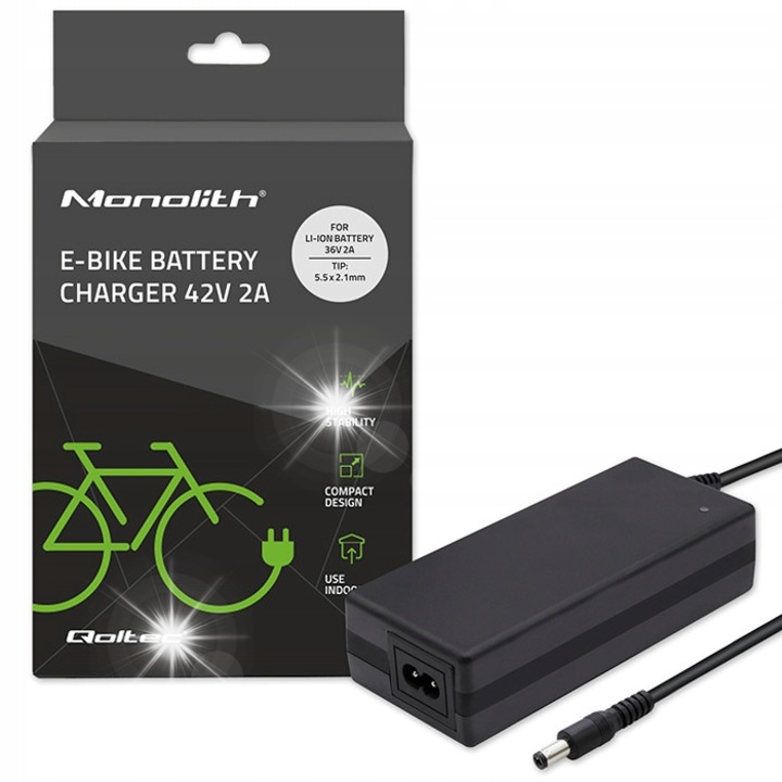 Incarcator pentru bicicleta electrica, Qoltec, 42V, 2A, 5.5*2.1, negru, dimensiuni 140x60x35mm