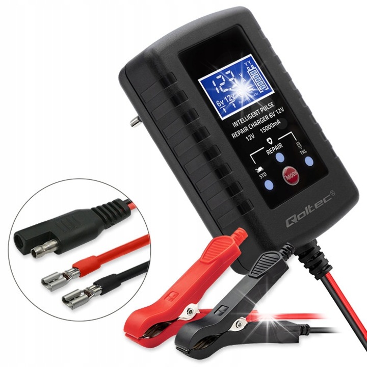 Incarcator automat pentru acumulator AGM GEL STD 6V/12V, 2A, cu functie de reparare, negru, dimensiuni 40x58x95mm