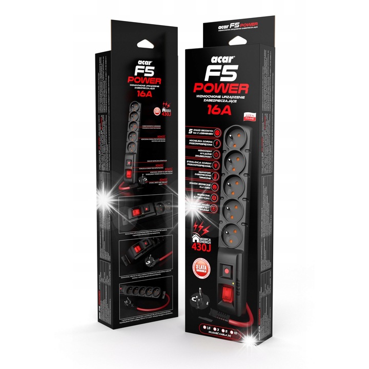 Разклонител Acar F5 POWER, 5 гнезда, 1,5м, черен, със защита от пренапрежение