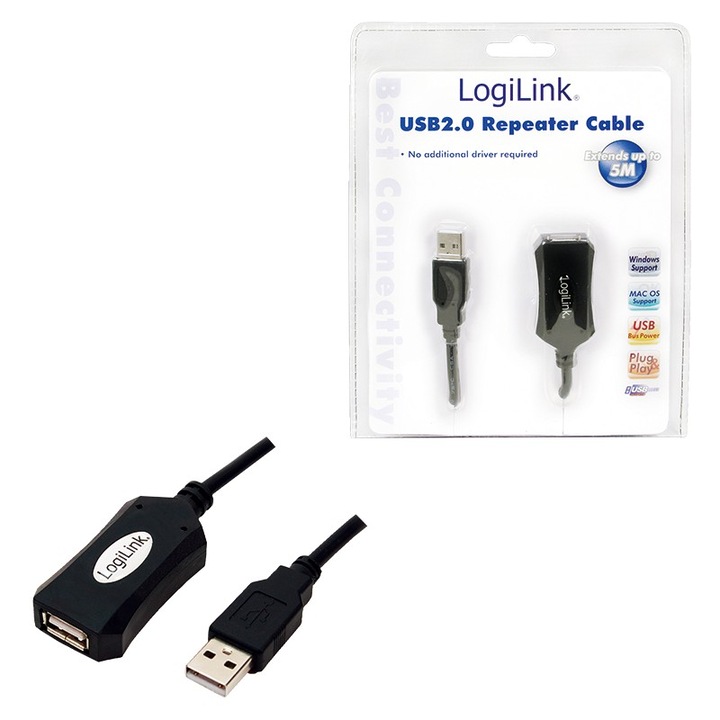 Cablu prelungitor USB 2.0 LogiLink UA0001A, 5m, negru, transmisie 480Mbps