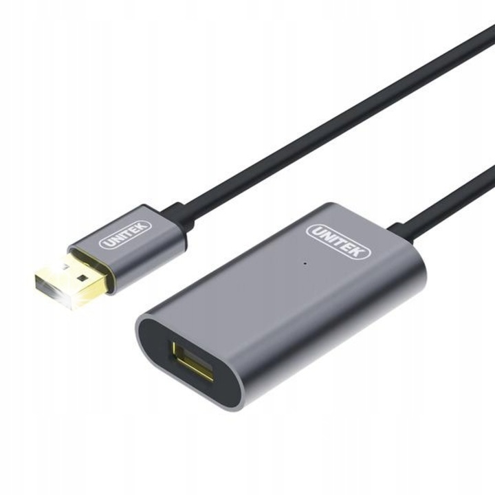 USB kábel - UNITEK, 5m, fekete, A típusú dugó - A típusú aljzat, jelerősítővel