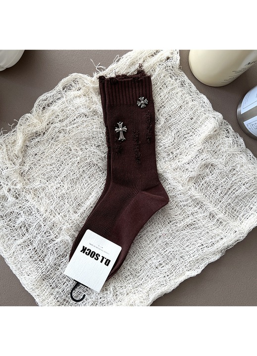 Дамски чорапи, с метализирани и перфорирани детайли, Кафяви