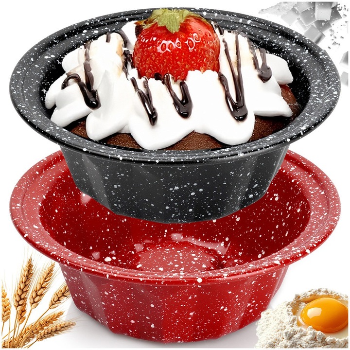 Set 2 Forme De Copt Pentru Prajituri, La Cucina, 12x4.5 cm, Fabricate Din Otel Carbon, Strat Antiaderent Granit, Rezistente La Temperaturi De Pana La 200°C, Ideale Pentru Portii Individuale, Rosu/Granit