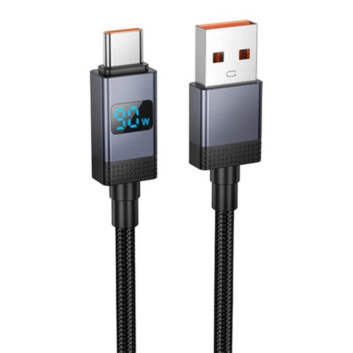 Cablu de date Hoco x118, USB - Type-C, 25W, încărcare rapidă, 100cm, afișaj LED, șiret, negru