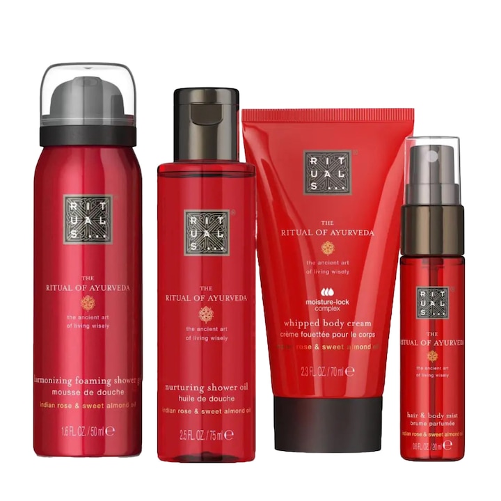 Set The Ritual of Ayurveda Travel, Crema de corp 70 ml, Ulei de dus 75ml, Gel de dus spuma 50ml, Body Mist 20ml