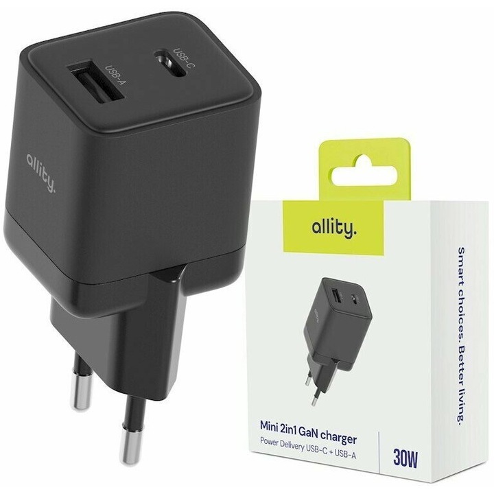 5906667550153 ATC-01-30WAC GaN PD QC 1x USB-C + 1x USB-A 30W Fekete