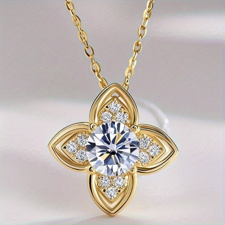 Colier din Argint Placat cu Aur de 18k, Trifoi cu Patru Foi, Moissanit Sintetic 1 Carat, 43x5cm, Pentru Femei