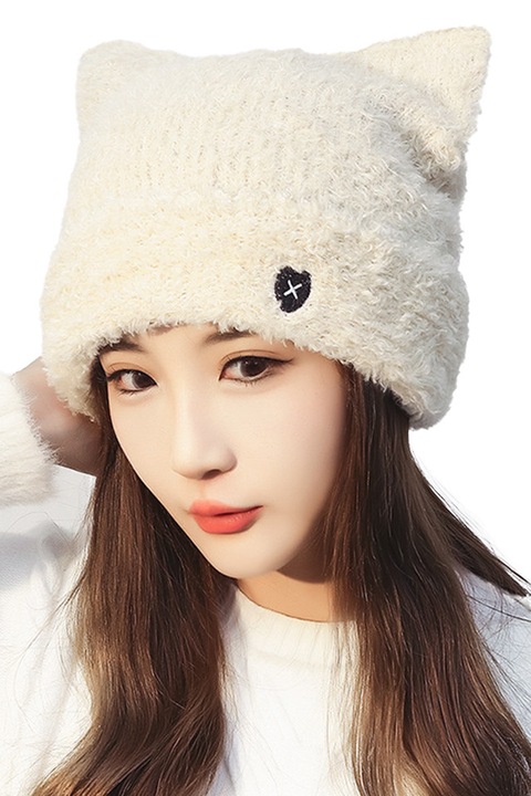 Caciula dama, model calduros cu urechiuse de pisica, accesorizata cu detaliu chic, tematica classy cat, marime universala, bej, EFAYN