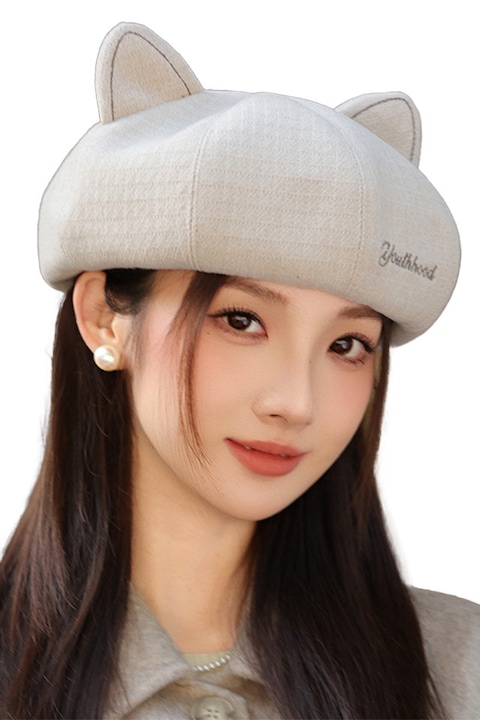 Caciula dama, tip bereta, accesorizata cu urechiuse de pisica jucausa, model cute si elegant, tematica effortlessly chic, marime universala, bej, EFAYN