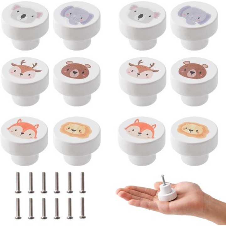 Set de 12 butoane din lemn cu modele de animale, 25x35mm, pentru mobilier, cu suruburi