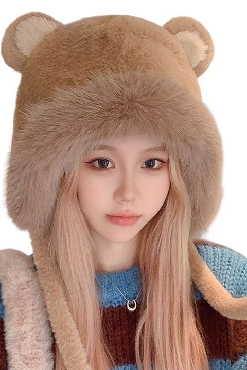 Caciula dama, model pufos accesorizat cu urechiuse, prindere reglabila, tematica warm winter, marime universala, maro, EFAYN