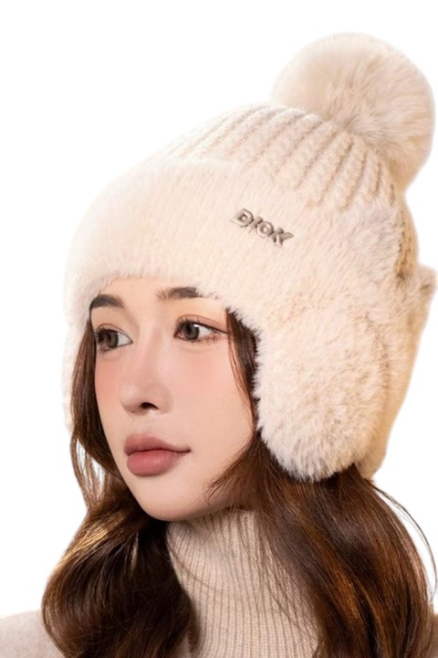 Caciula dama, model calduros cu pom pom, prelungire tip acoperitori pentru urechi, accesorizata cu urechiuse, tematica cat style, marime universala, bej, EFAYN