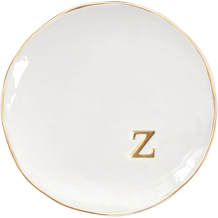 Bol decorativ pentru bijuterii, chei sau accesorii, 11 cm, litera z, culoare alb si auriu