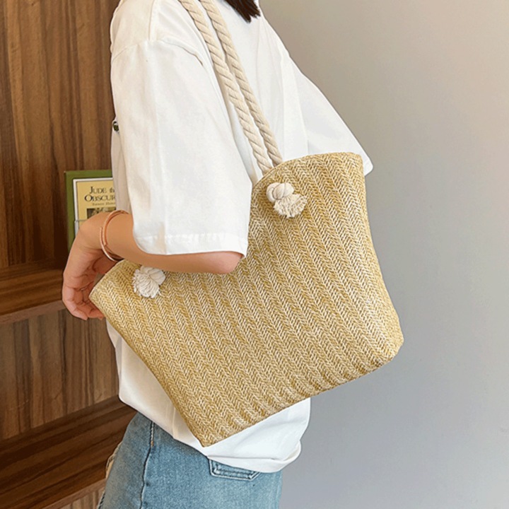Geanta de Plaja din Paie Impletita, Model Casual Elegant, cu Manere Groase din Franghie, Incapatoare, Perfecta pentru Vara, Vacanta, Concediu sau Tinute Boho Chic, 40x30x15 cm, Bej, PriStyle®