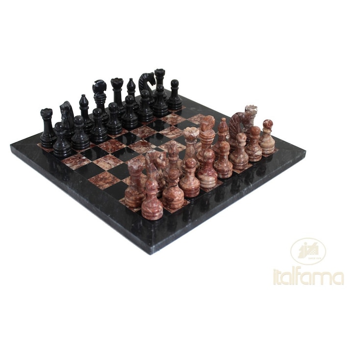 Set de sah din marmura neagra si roz antic, Italfama, 32 piese, 30x30x1.5cm, inaltime rege 7.5cm