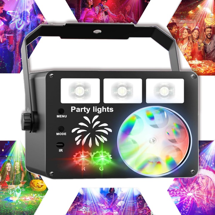 Proiector cu lumini disco si glob disco, 3 in 1, Bedee®, cu 3 lumini LED colorate si lumina disco, USB portabil, 10 W, 5 V, telecomanda, zece lumini de noapte, trei moduri activate vocal, trei moduri automate Si un mod stroboscopic