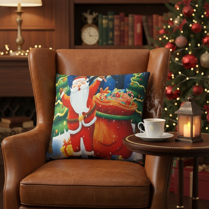 Dekoratív párnahuzat, karácsonyi, mintás, poliészter, 45x45cm