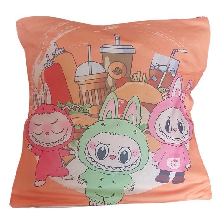 Perna decorativa pentru copii cu imprimeu Labubu, 45x45cm, material moale, portocalie, ideala cadou copii