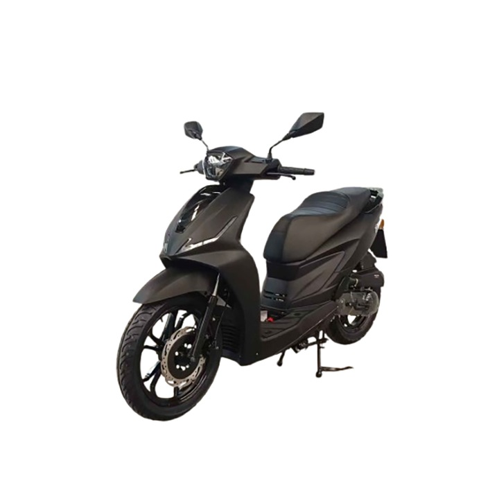 Scuter Tea Sports 49.6cc, 45 km/h, negru, frâne disc, dimensiuni 196x67.5x110cm