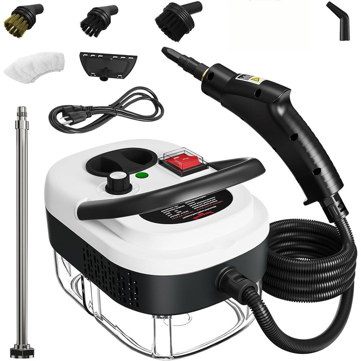 Aparat cu abur pentru curatat multisuprafete cu rezervor de 1200 ml, furtun 2m, 2500W, 3Bar, cu functie de incalzire, 7 accesorii incluse si 6 setari de reglaj al aburului, negru/alb