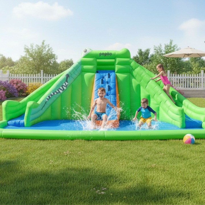 Pepita Croco XXL castel gonflabil gigant cu apa 690x400x280cm cu tobogan dublu si perete de catarat - verde