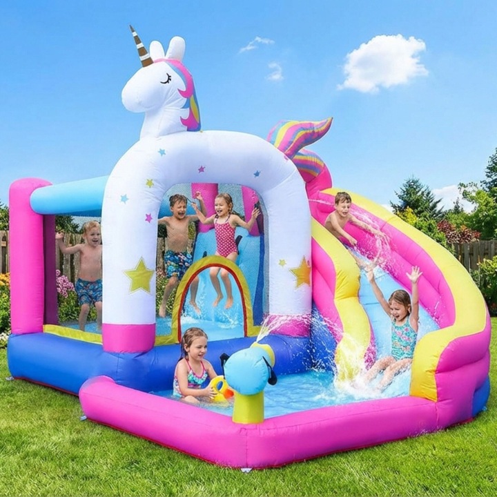 Pepita Unicorn castel gonflabil cu apa 370x320x205cm cu tobogan - pink-blue