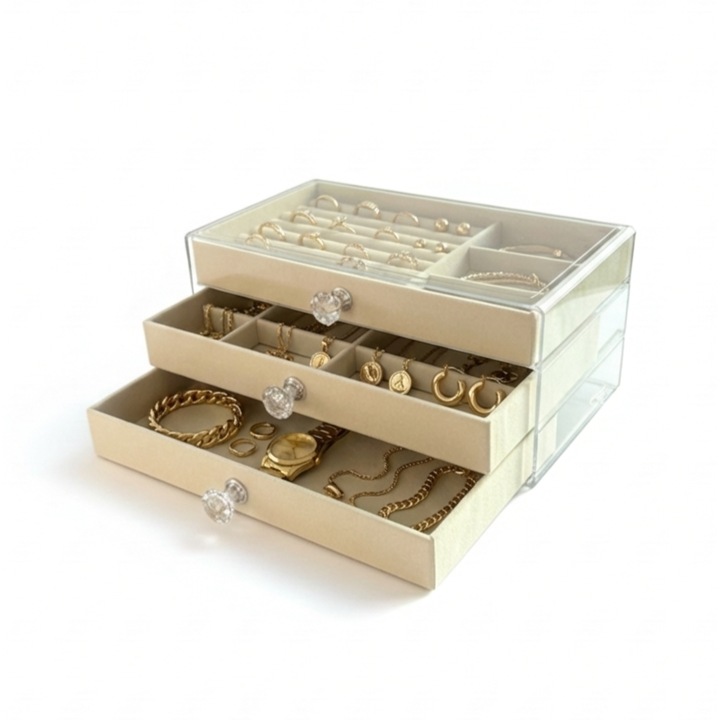 3 fiókos fehér ékszerdoboz, ékszertartó és ékszerrendező, 24x14x11cm