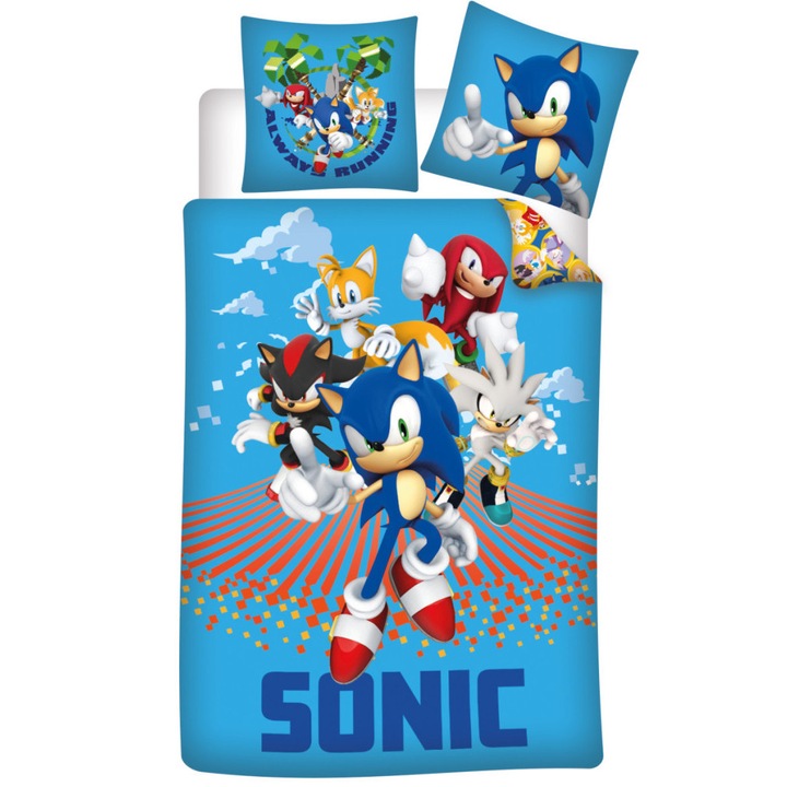 Sonic ariciul Always Running, set lenjerie de pat pentru copii, grădiniță 100×135cm, 40×60 cm