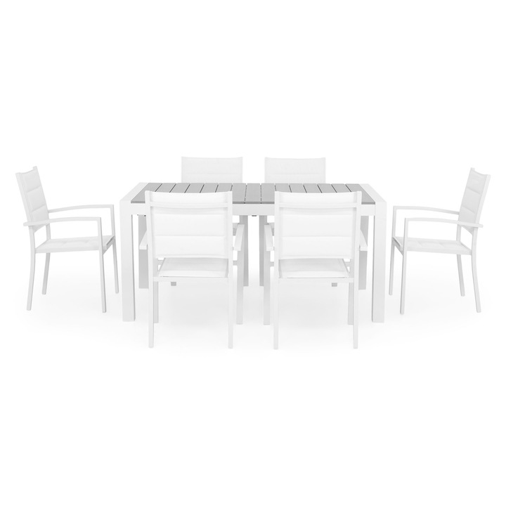 Set mobilier gradină Maison Mex ENCORE/DRESDEN, 6 scaune și masă extensibilă, alb/gri, dimensiuni scaun 56.5x60x90cm, masă 160/210x95x74cm