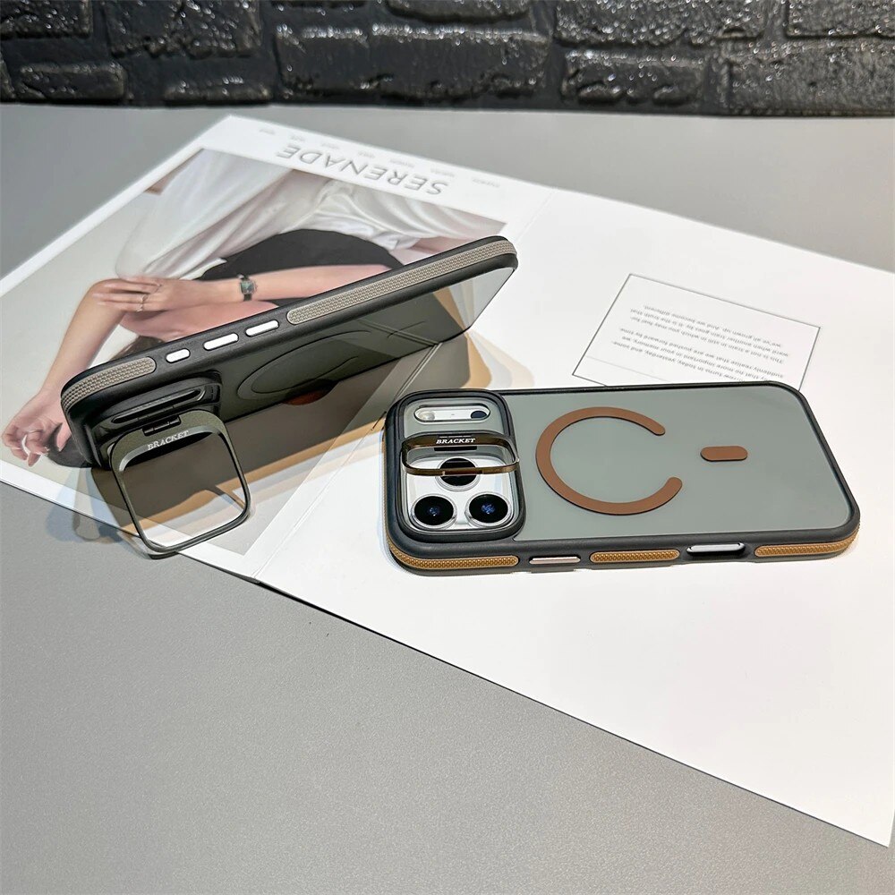 Husa pentru Apple iPhone 17 Pro, Joyshell, Kickstand, cu MagSafe, Protectie La Camera, Antisoc, Stand metalic, Gri titan